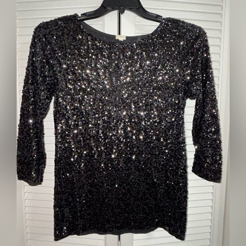 J.Crew Black Metallic Sequin 3/4 Sleeve Boatneck Top Size Small